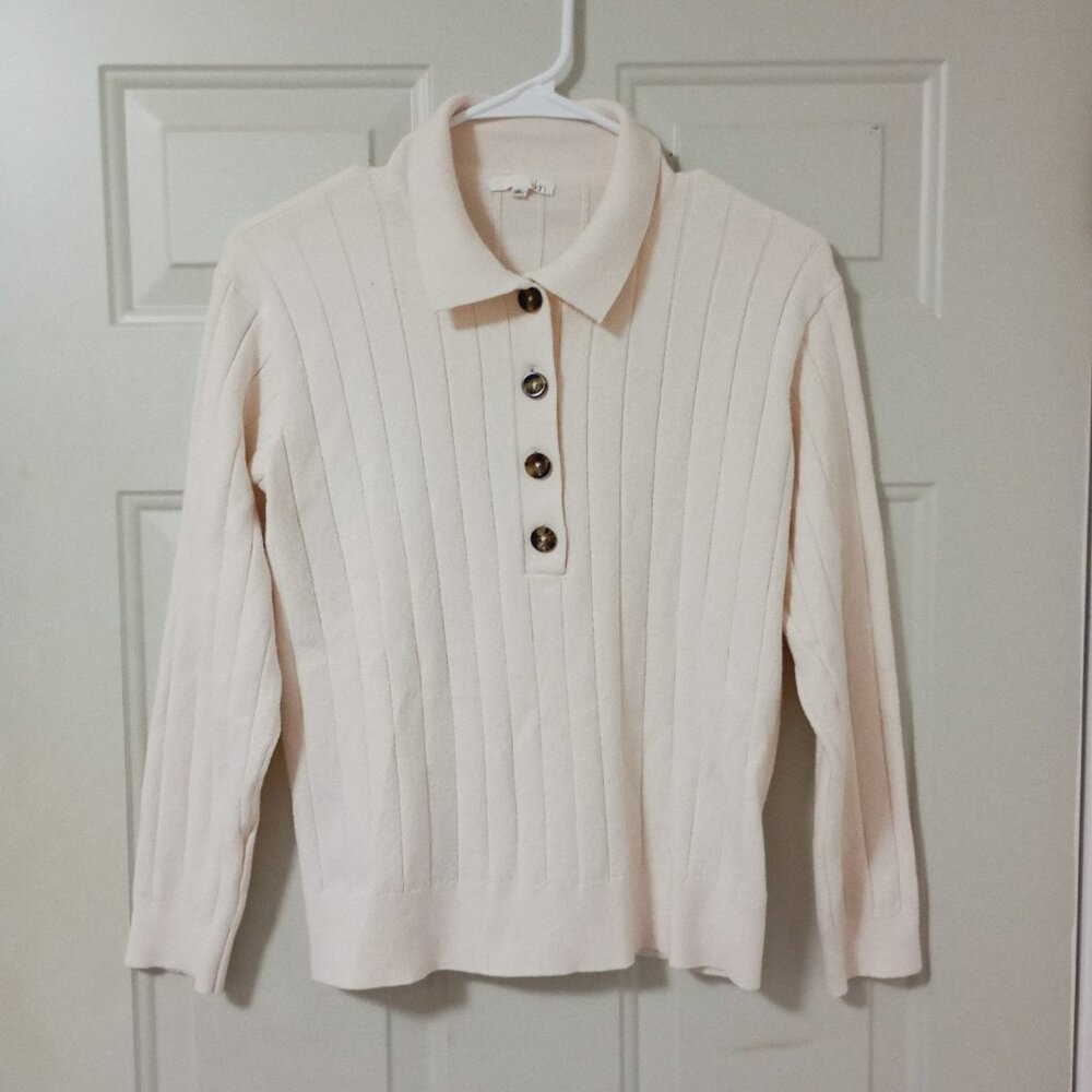 Skin Womens 1/4 Button Long Sleeve Pullover Sweater Top Cream Size S